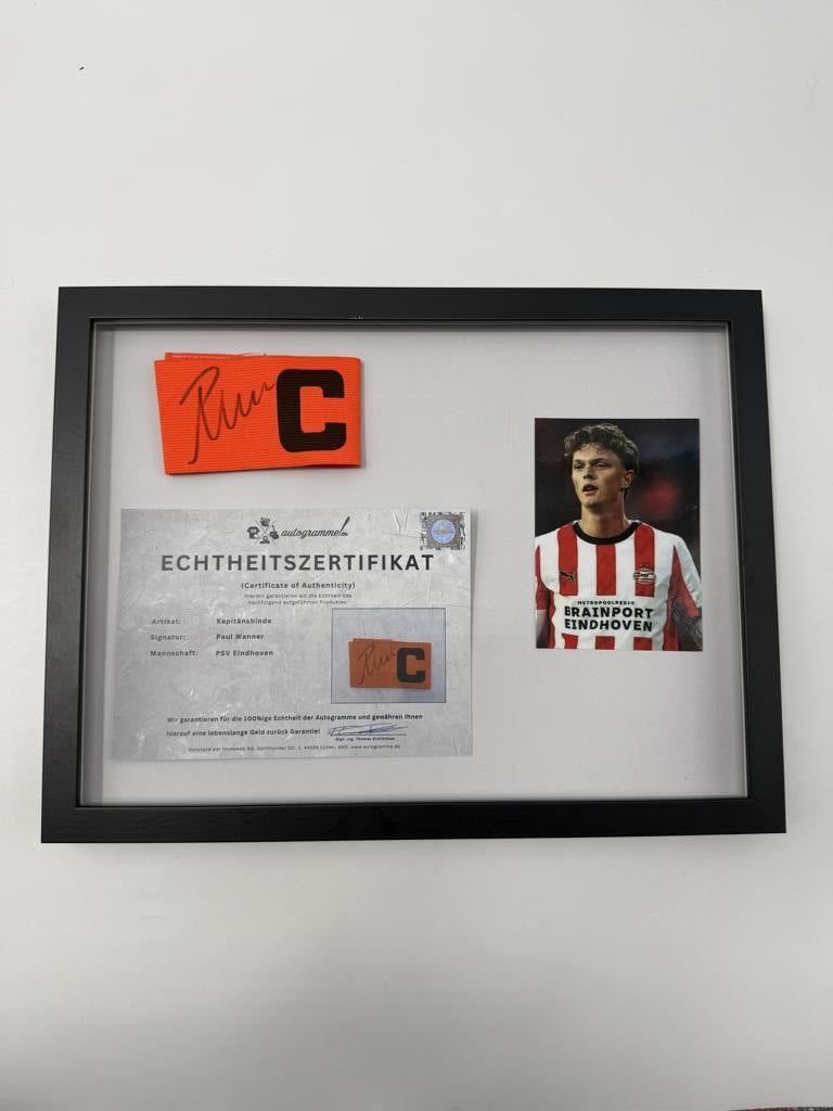 Captain's armband signed by Paul Wanner in a frame PSV Eindhoven autograph