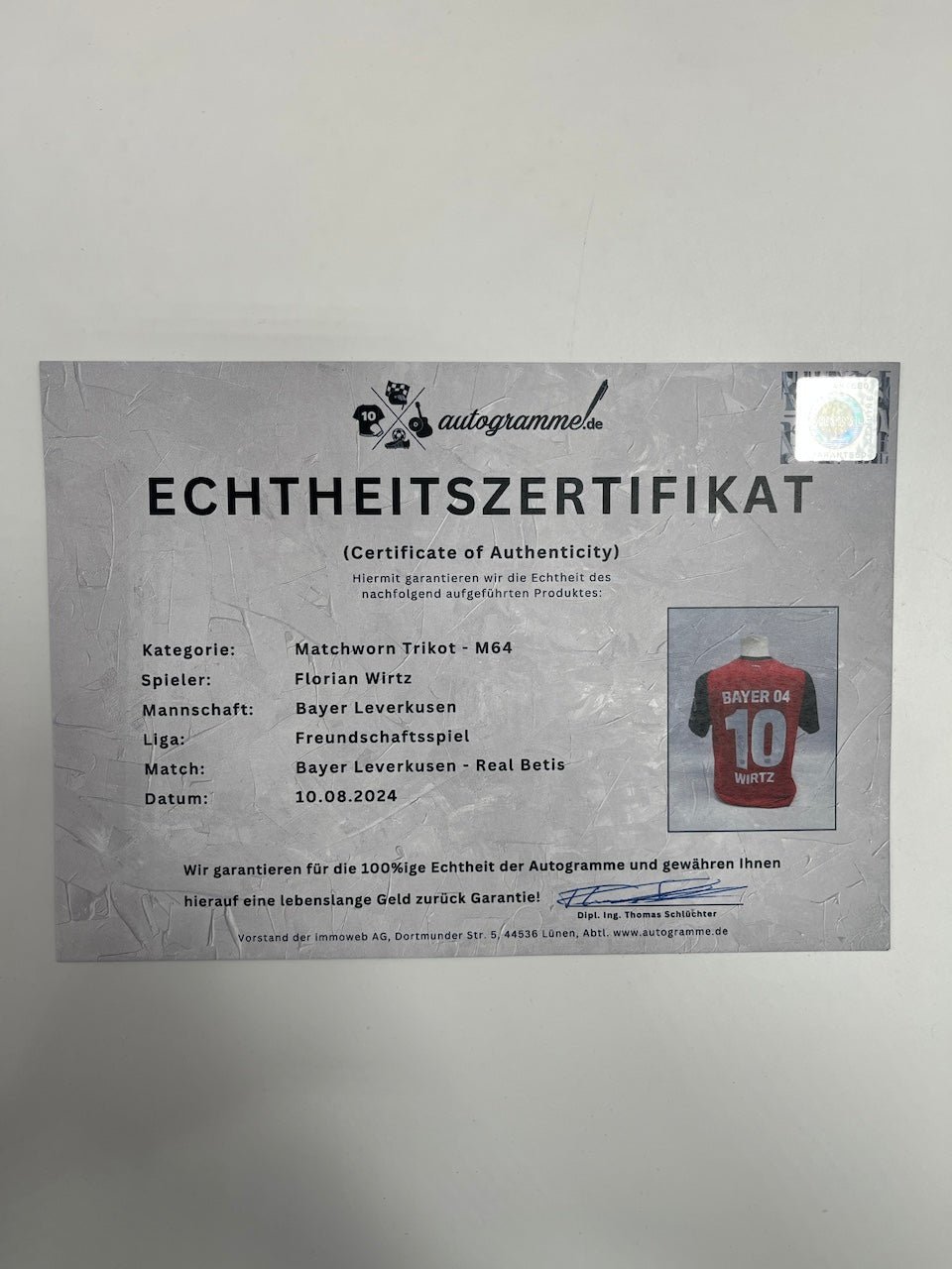 Match-worn Leverkusen jersey worn and signed by Florian Wirtz on August 10, 2024
