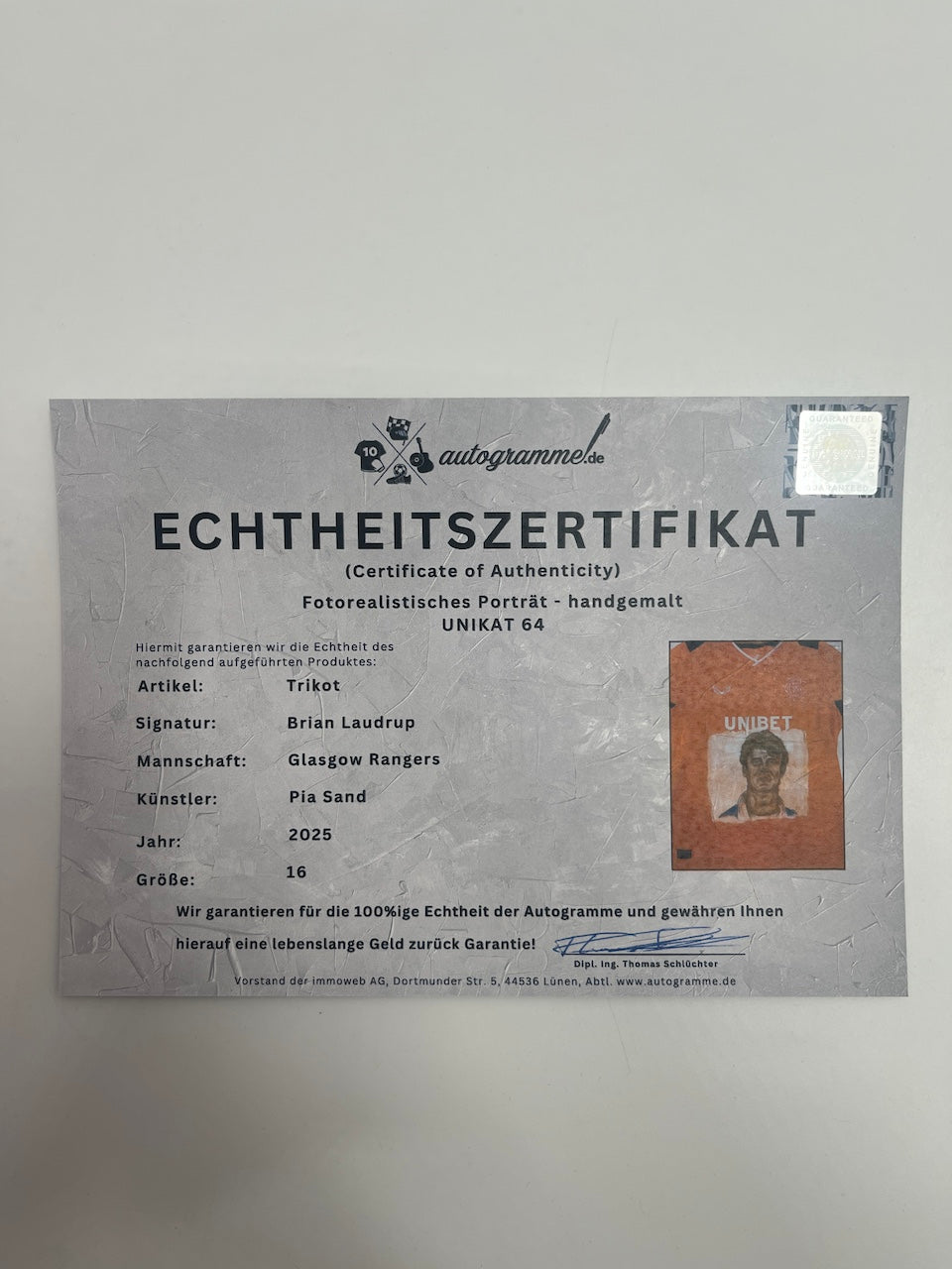 Glasgow Rangers Shirt Portrait Brian Laudrup handgemalt und signiert