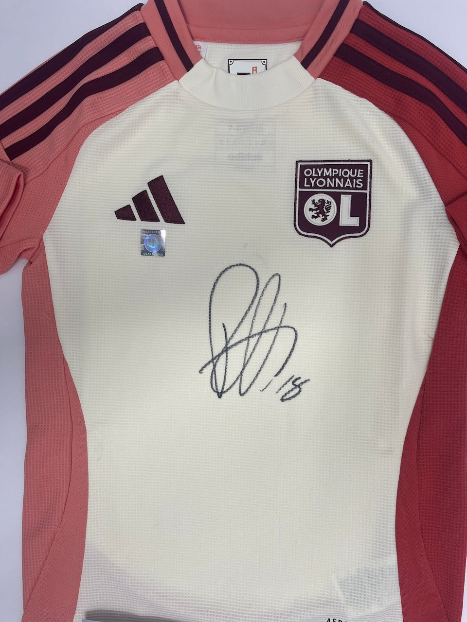 Olympique Lyon jersey signed by Rayan Cherki, framed COA, Adidas football, size 128