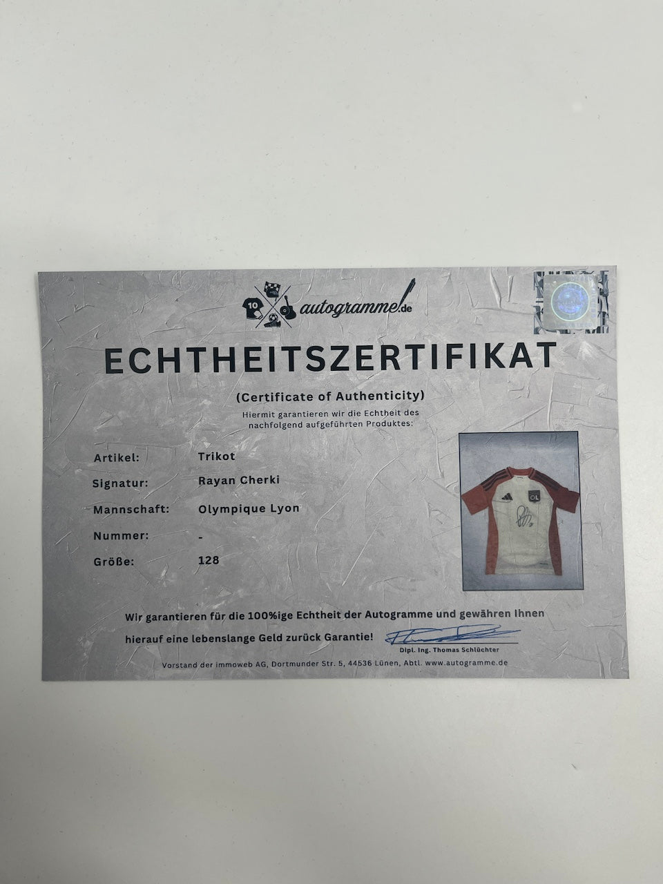 Olympique Lyon jersey signed by Rayan Cherki, framed COA, Adidas football, size 128