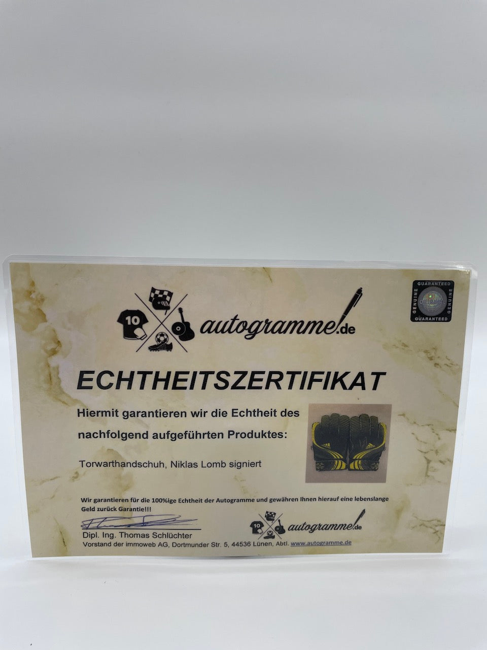 Goalkeeper glove Niklas Lomb signed autograph Bayer Leverkusen Coa