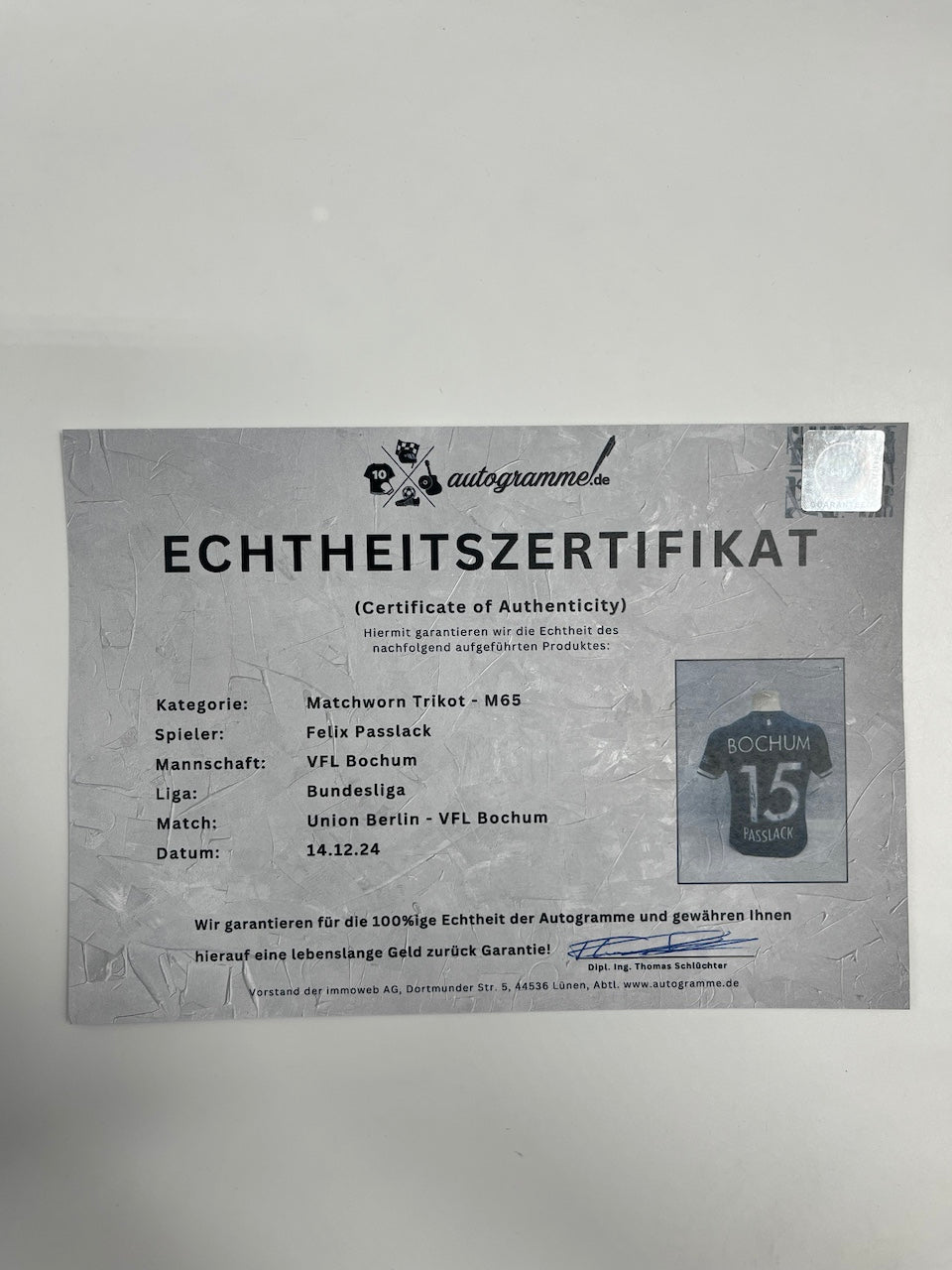 Match-worn VfL Bochum jersey worn and signed by Felix Passlack on December 14, 2024