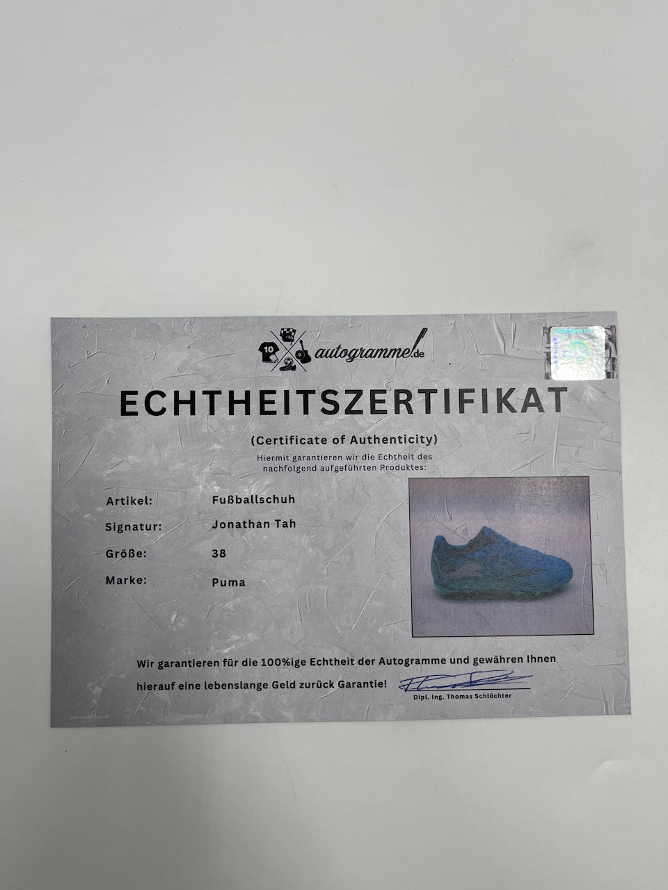 Jonathan Tah signed football boots, Bundesliga Puma size 38