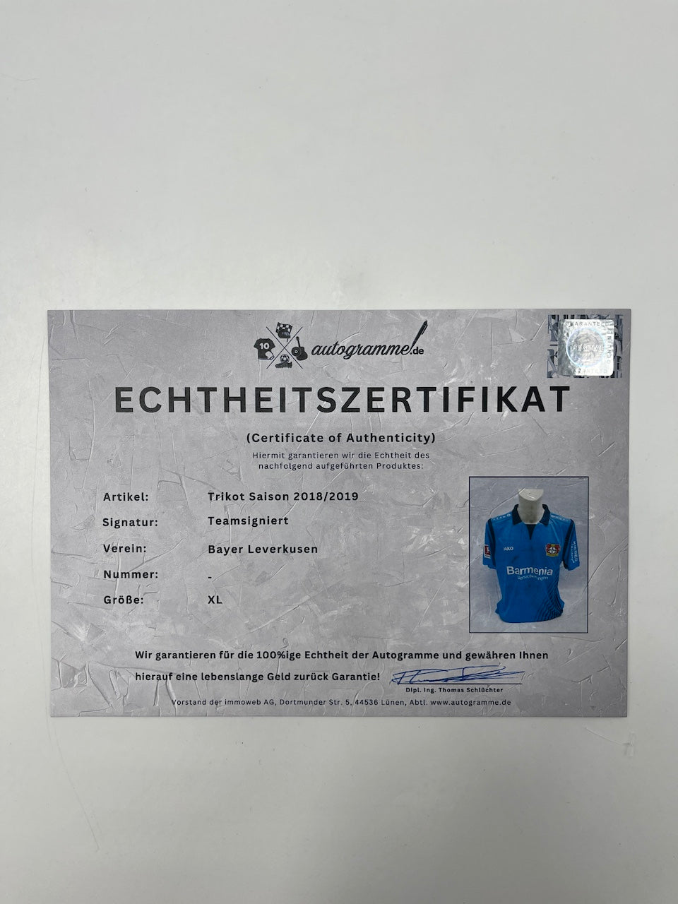 Bayer Leverkusen jersey 2018/2019, team signed, autographed, COA, Jako XL