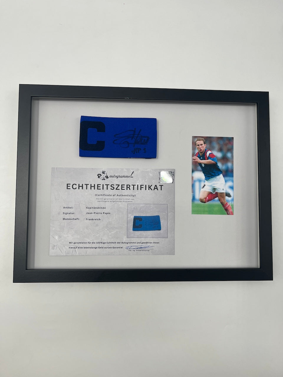 Captain's armband signed by Jean-Pierre Papin, framed, France, autograph COA