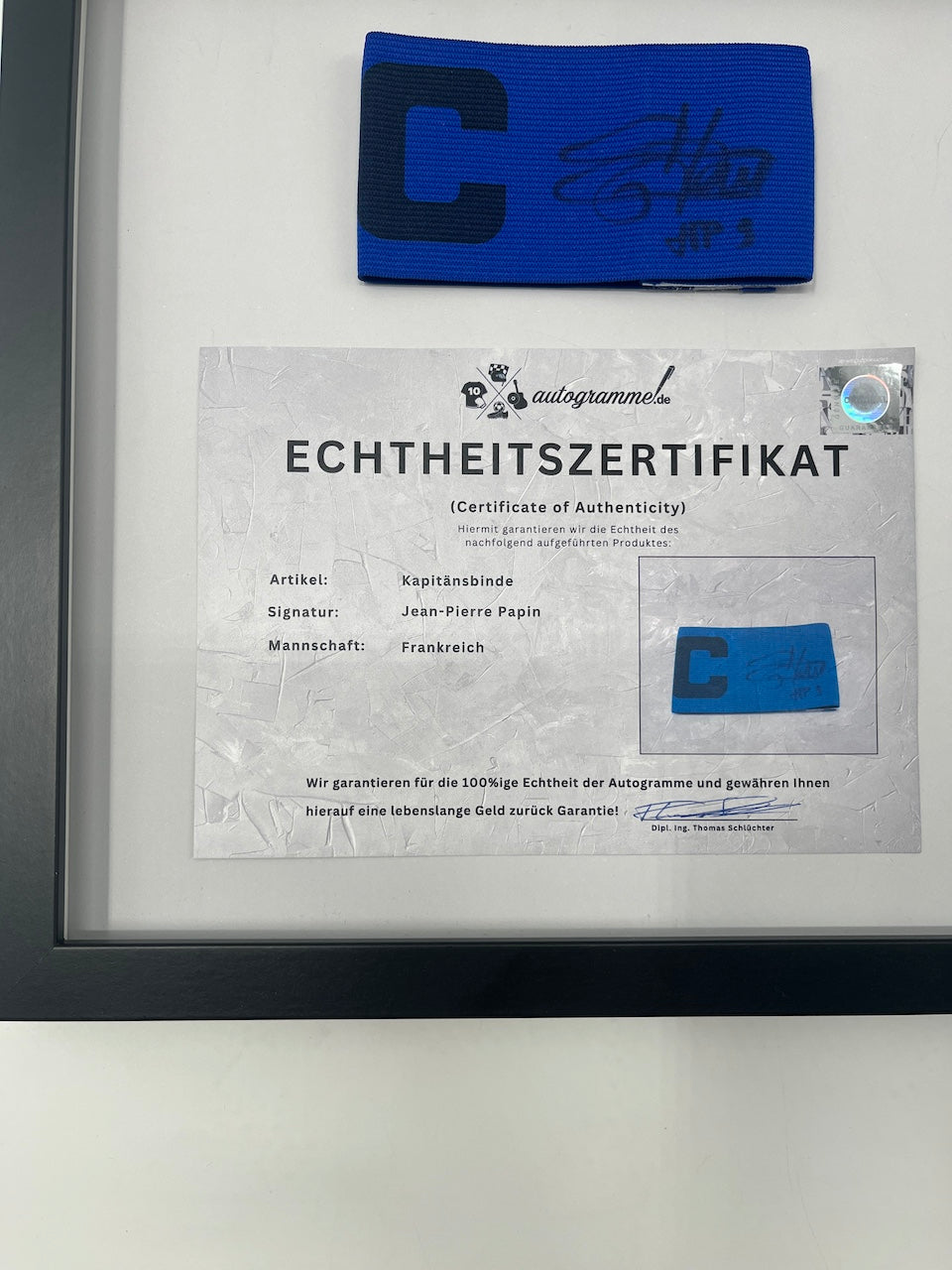 Captain's armband signed by Jean-Pierre Papin, framed, France, autograph COA