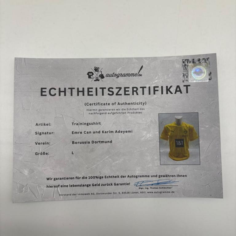 Borussia Dortmund Trainingsshirt Emre Can und Karim Adeyemi signiert Puma COA Autogramm L