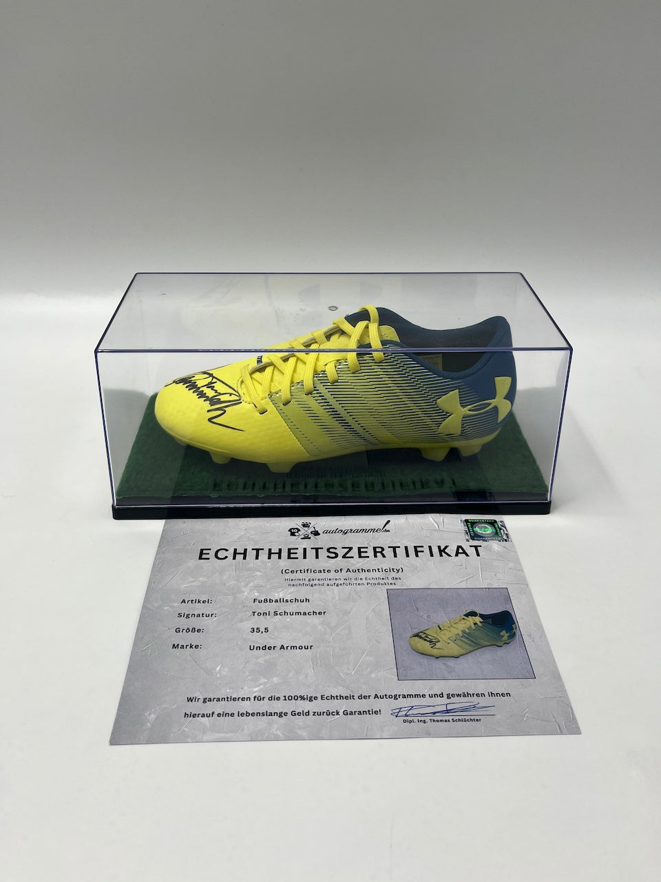 Football boots signed by Toni Schumacher, football autograph, Under Armour