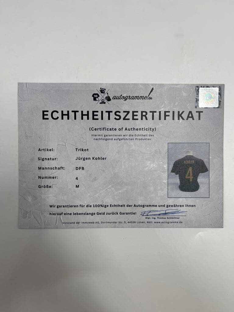 DFB Trikot Jürgen Kohler signiert Adidas COA Deutschland Autogramm M
