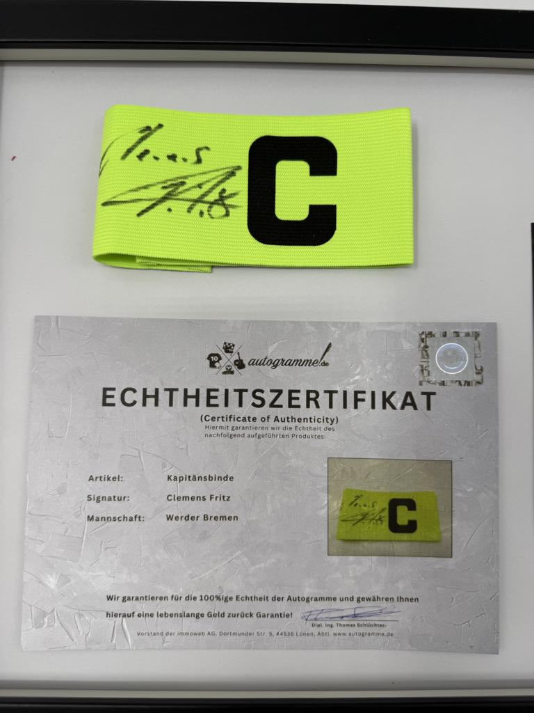 Kapitänsbinde Clemens Fritz signiert im Rahmen Werder Bremen COA Fußball