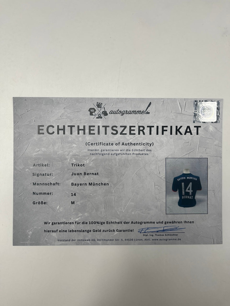 Bayern Munich jersey Juan Bernat signed autographs Adidas M