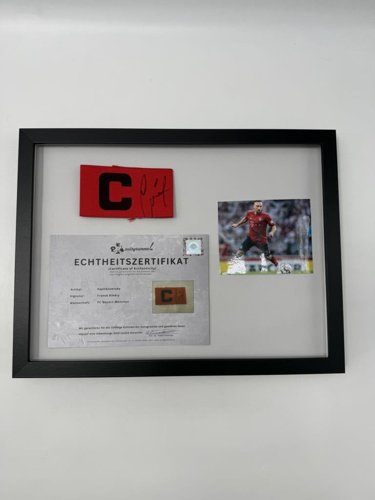 Kapitänsbinde Franck Ribéry signiert im Rahmen Bayern München Fußball Autogramm