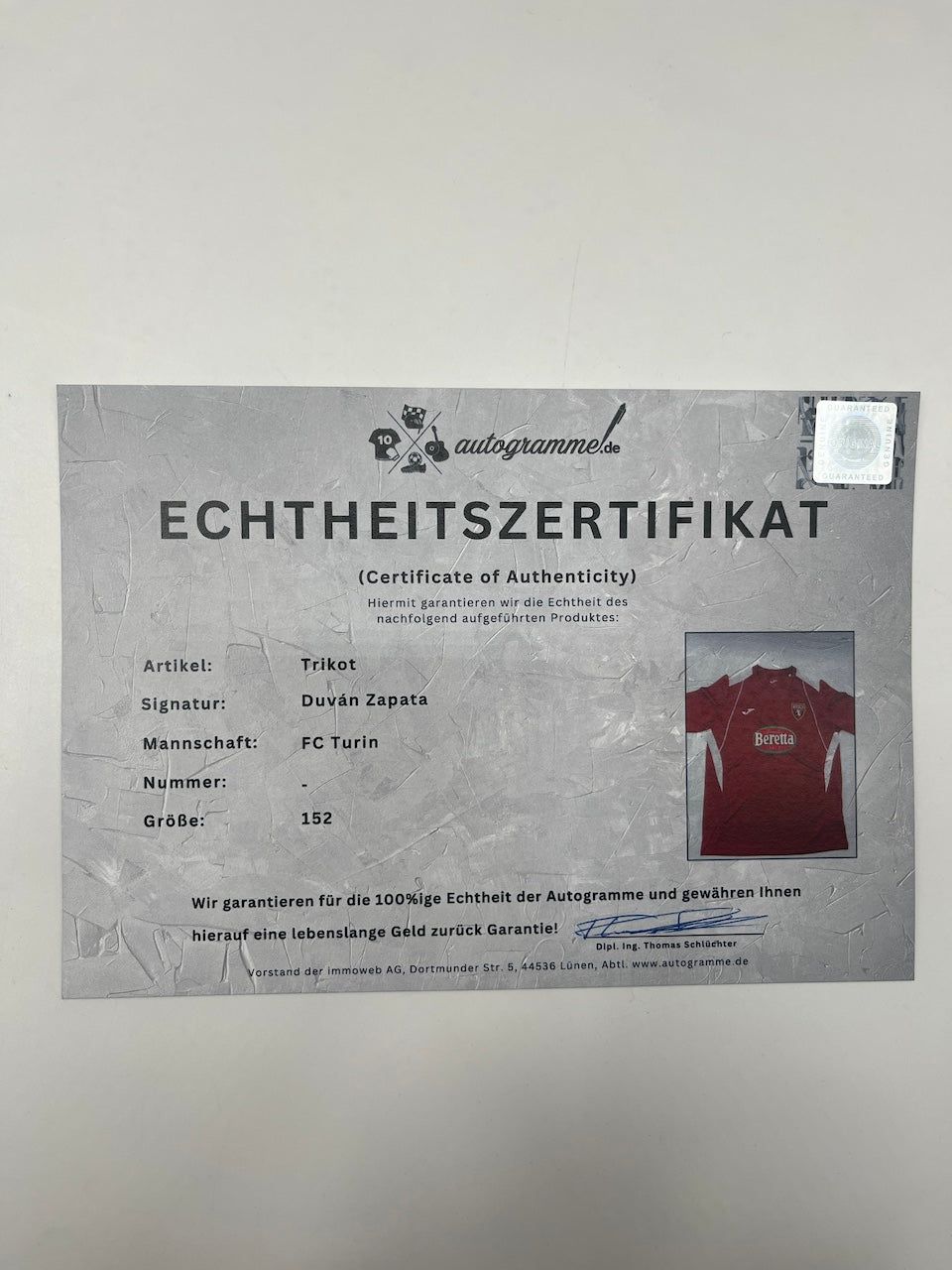 FC Turin jersey Duvan Zapata signed autograph COA 2XS