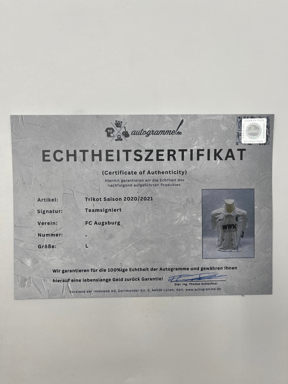 FC Augsburg Jersey 2020/2021 Team Signed COA Nike L