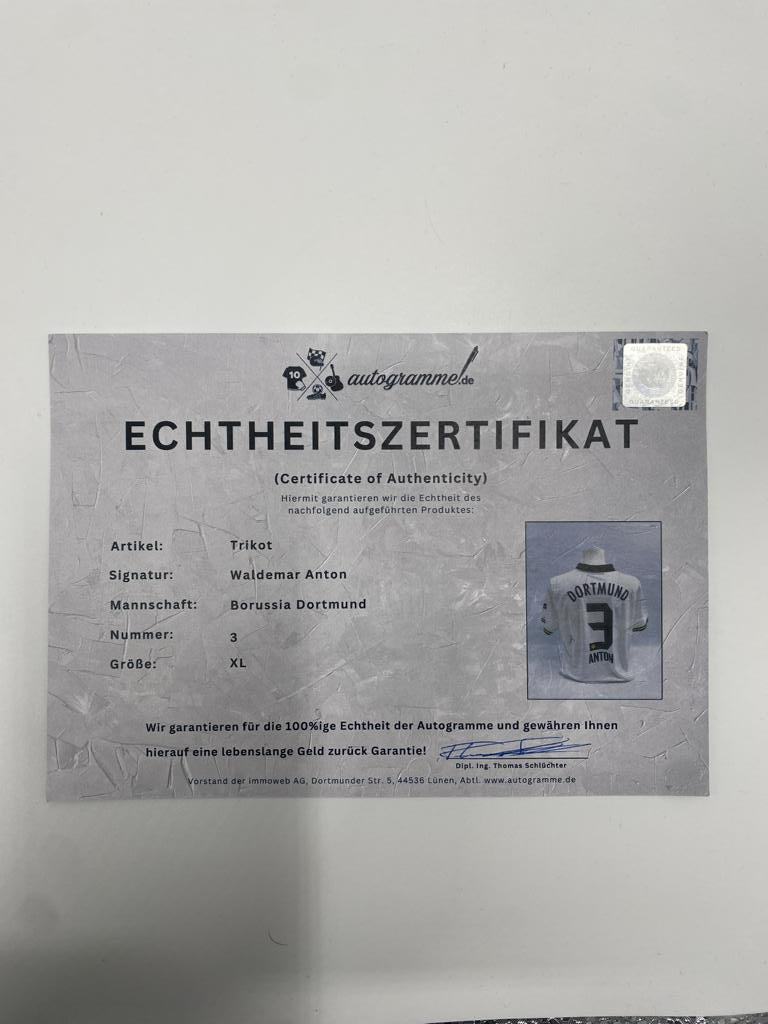 Camiseta del Borussia Dortmund firmada por Waldemar Anton, certificado de autenticidad de Puma, autógrafo, talla XL