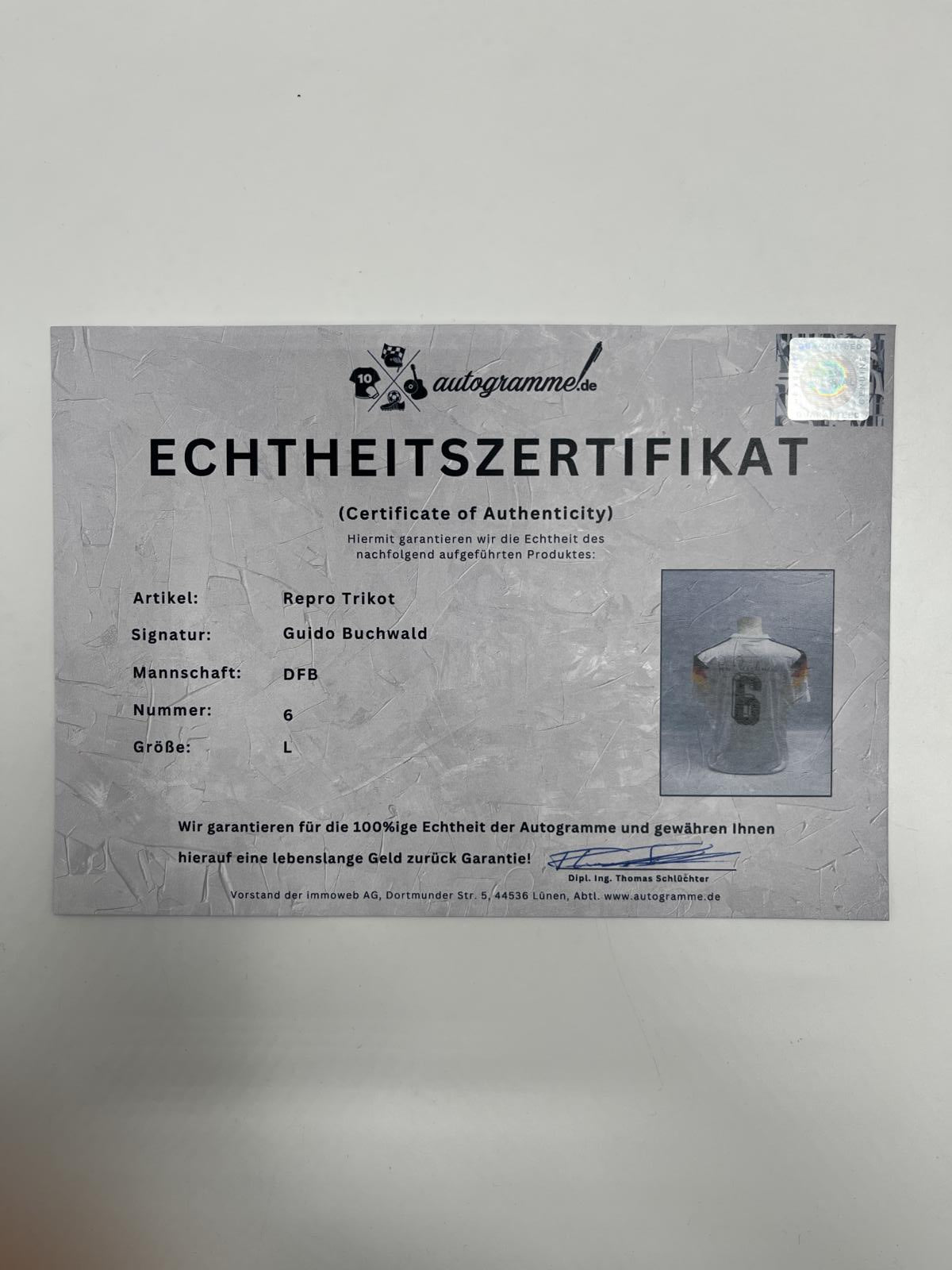 DFB Trikot Guido Buchwald signiert Adidas COA Deutschland Autogramm L