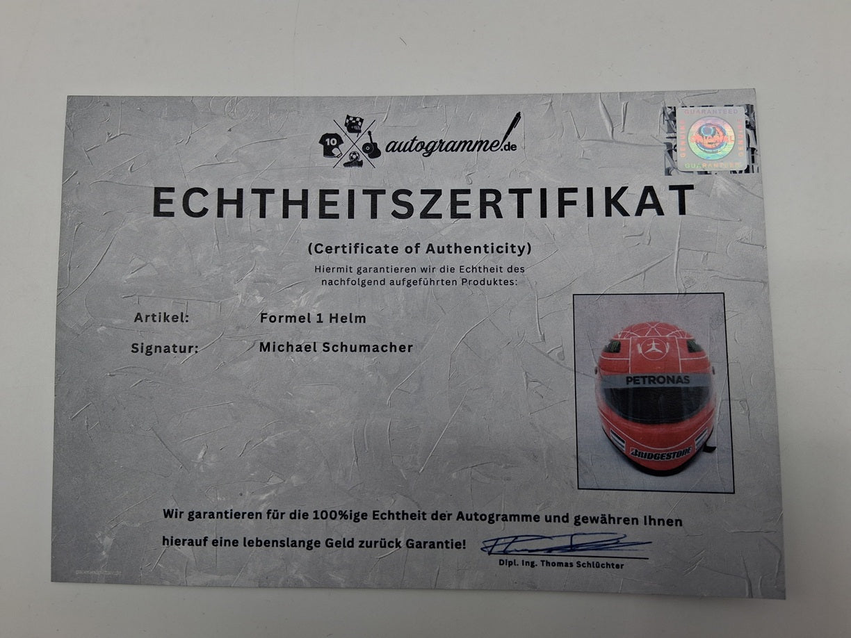 Michael Schumacher Formel 1 Helm Unterschrift und Echtheitszertifikat 1:1