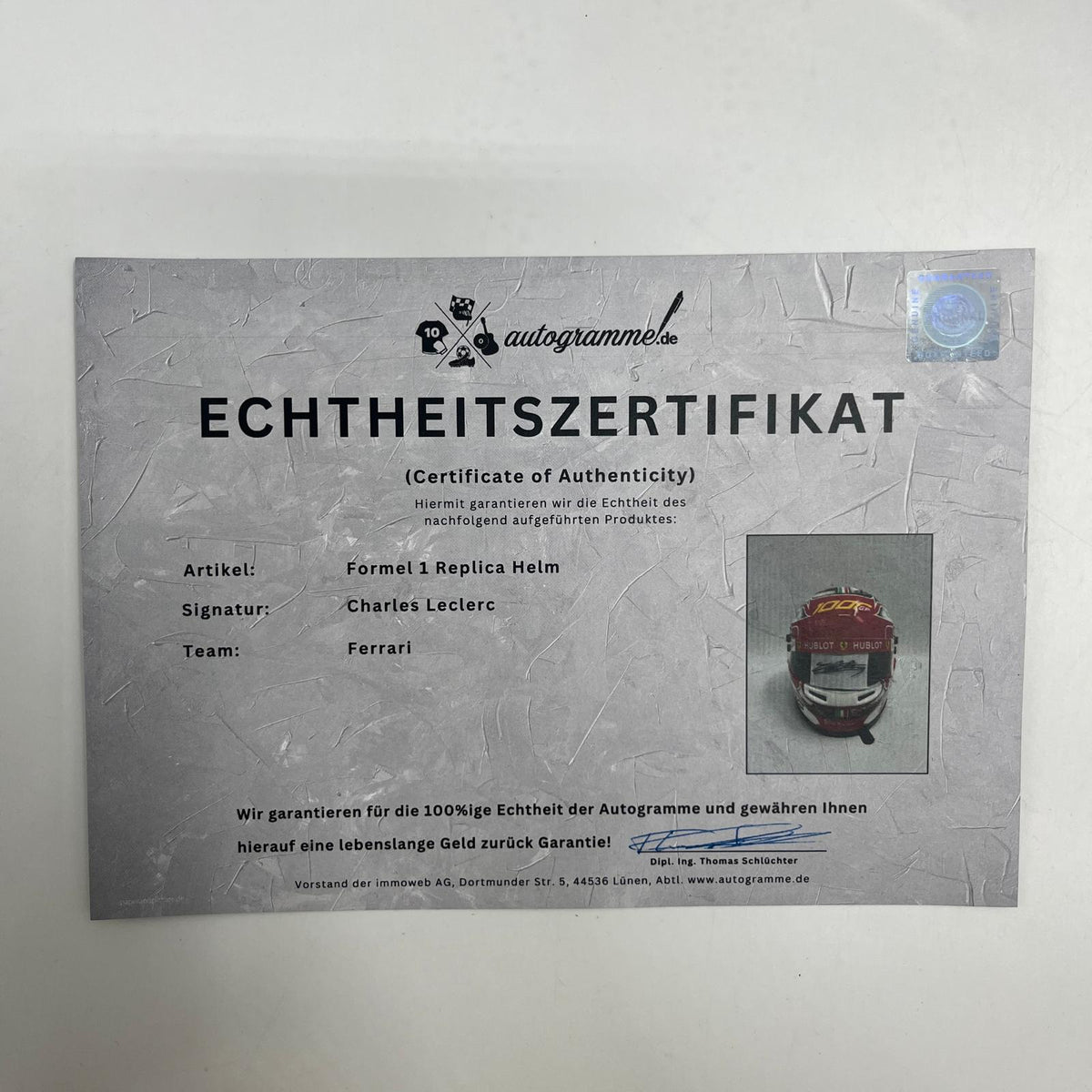 Charles Leclerc Formel 1 Helm Unterschrift und Echtheitszertifikat 1:1