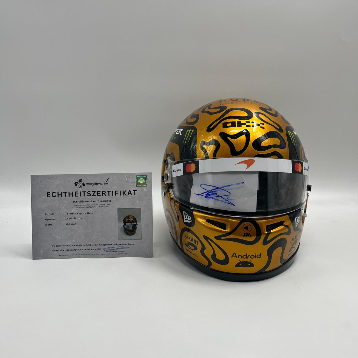 Lando Norris Formel 1 Helm Unterschrift und Echtheitszertifikat 1:1