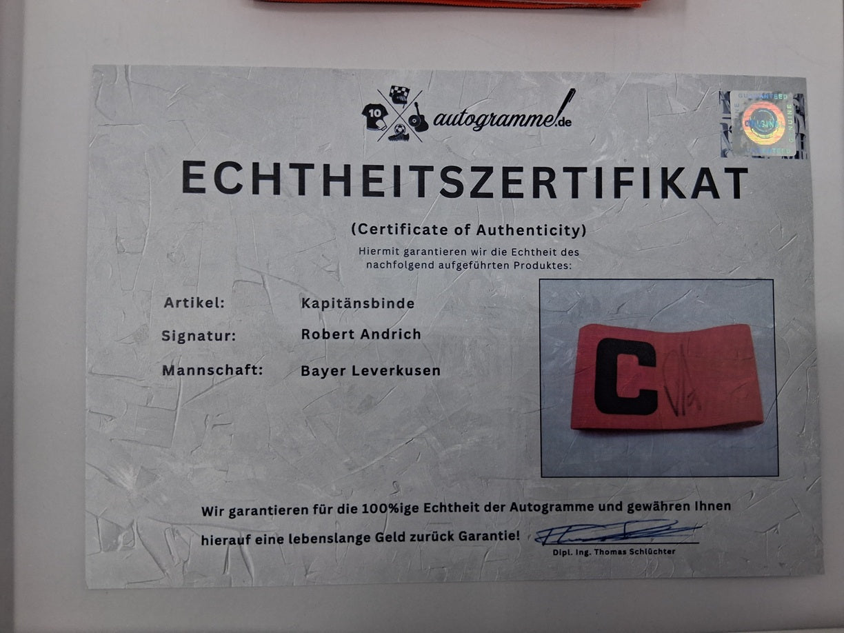 Captain's armband signed by Robert Andrich in a frame, Bayer 04 Leverkusen autograph