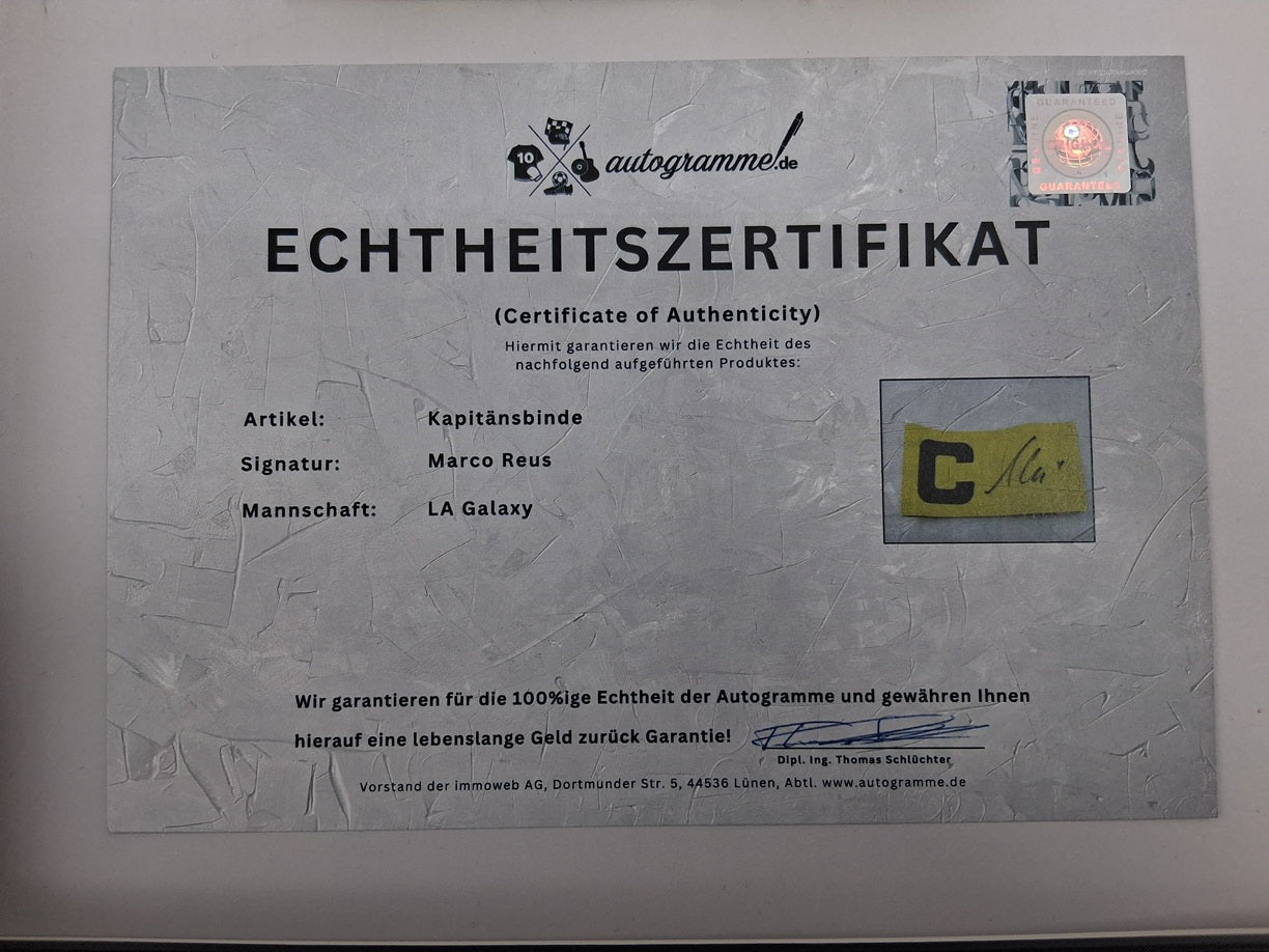 Marco Reus captain's armband signed in a frame LA Galaxy autograph COA