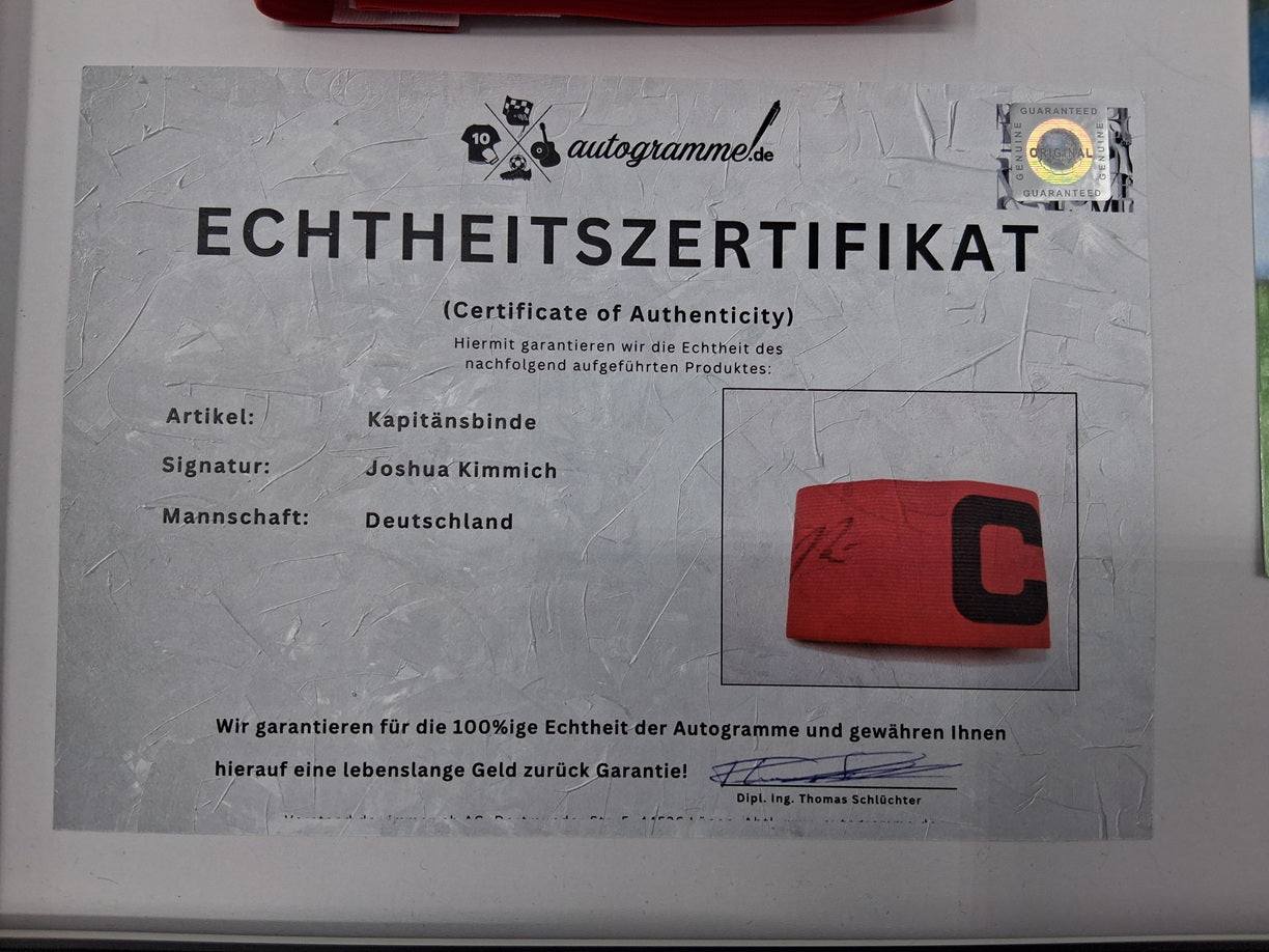 Captain's armband signed by Joshua Kimmich in a Germany autograph COA