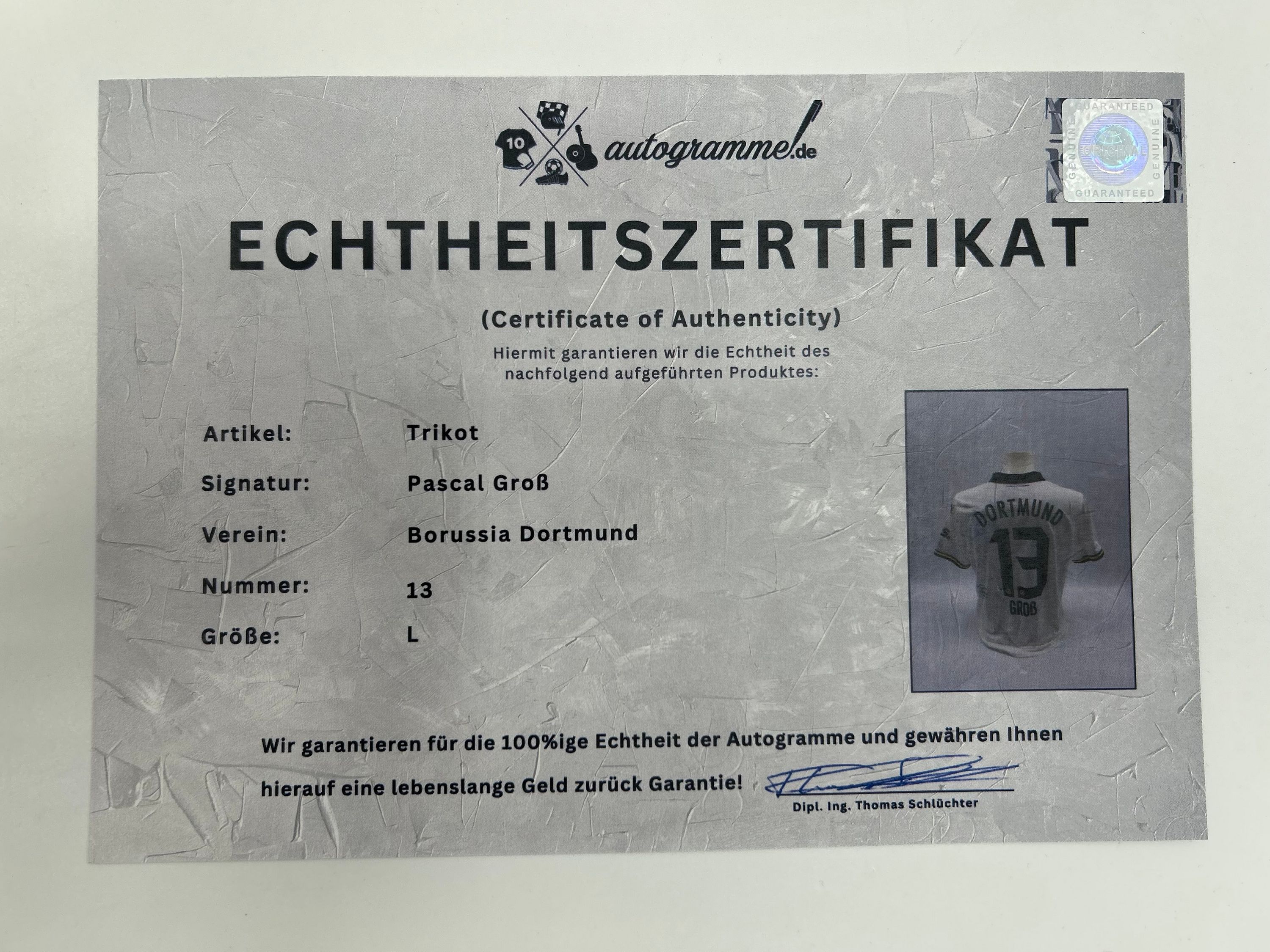 Borussia Dortmund jersey pascal large signed autograph puma l