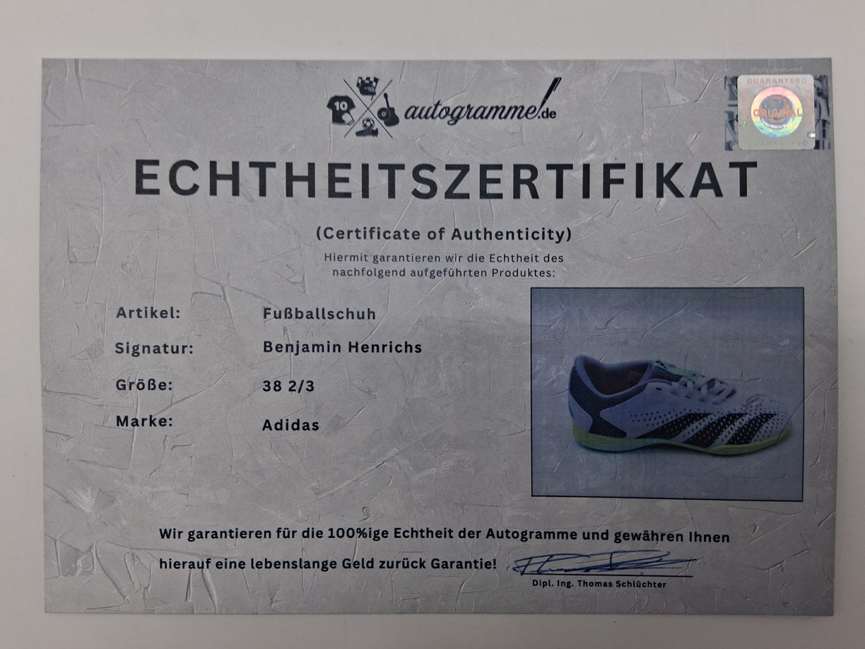 Football boots signed by Benjamin Henrichs, Bundesliga brand, Adidas size 38 2/3