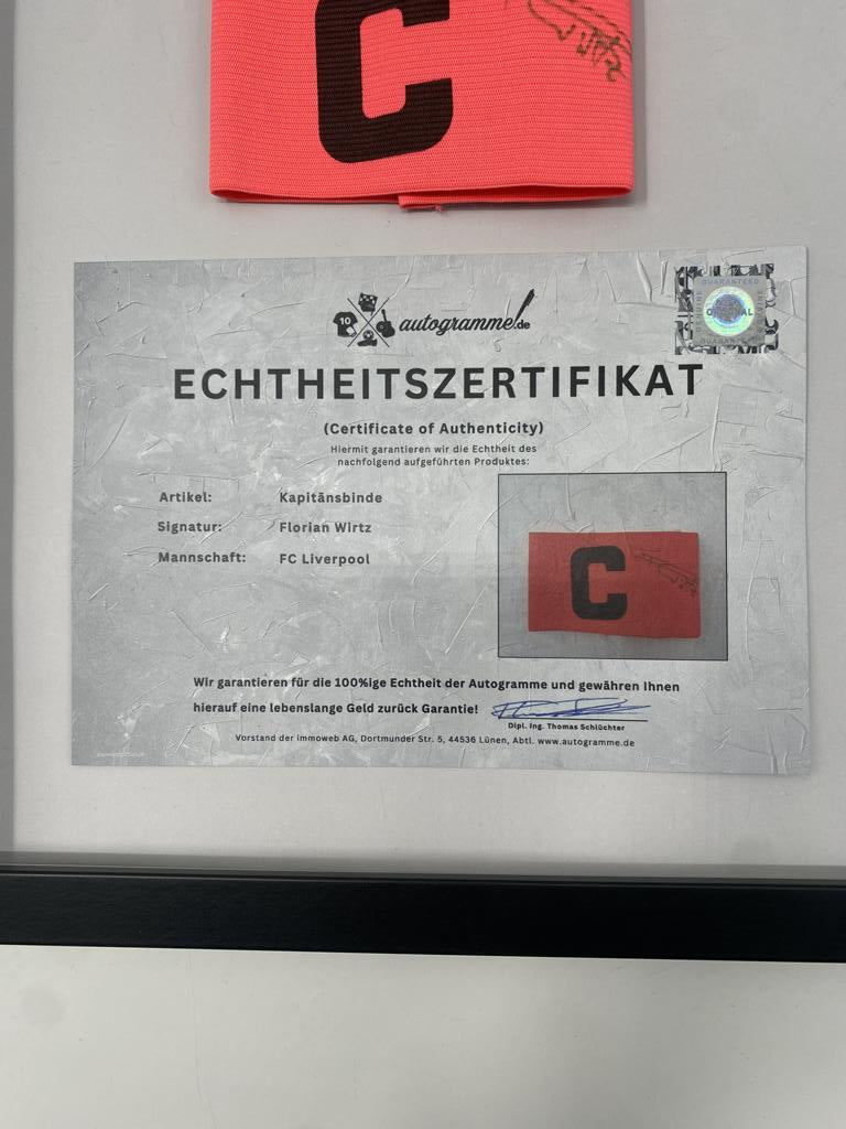 Captain's armband signed by Florian Wirtz in a frame FC Liverpool autograph