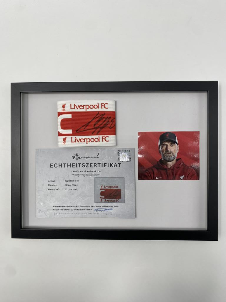 Kapitänsbinde Jürgen Klopp signiert im Rahmen FC Liverpool Autogramm Fußball COA