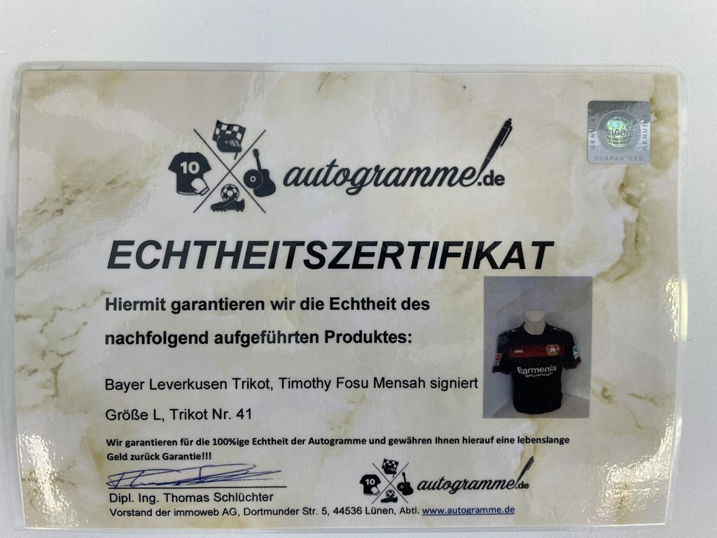 Bayer Leverkusen jersey Timothy Fosu-Mensah signed autograph football coa jako l