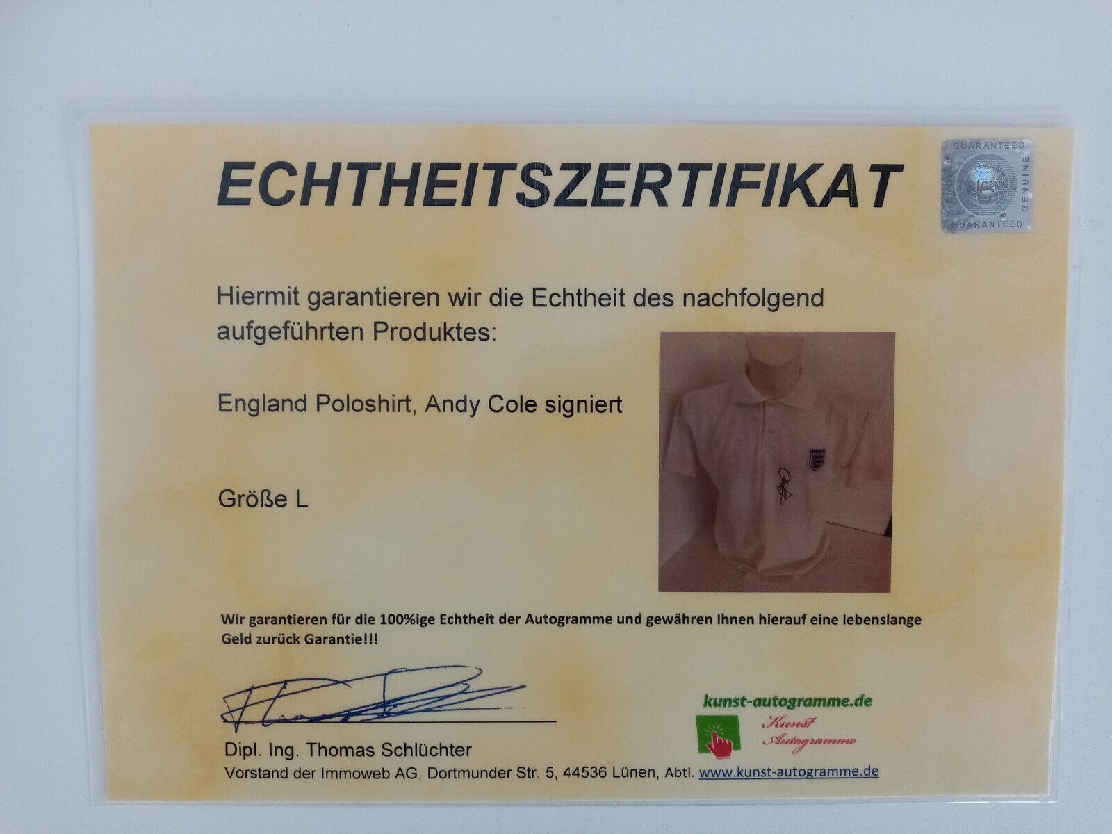 England Poloshirt Andy Cole signed autograph football Three Lions Coa Trikot L