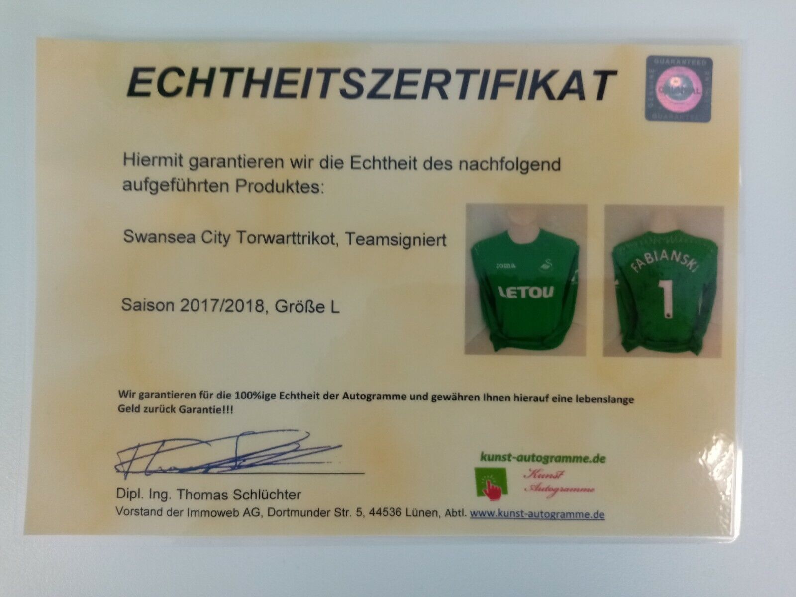 Swansea City goalkeeper jersey 2017/2018 team signed England Joma joma jerse football l