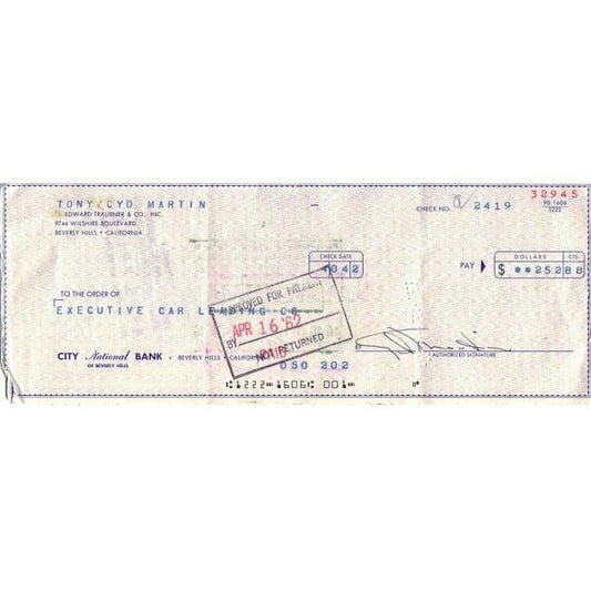 Scheck, original signiert von Tony Martin, Sänger, Film, Fernsehen, Autogramm