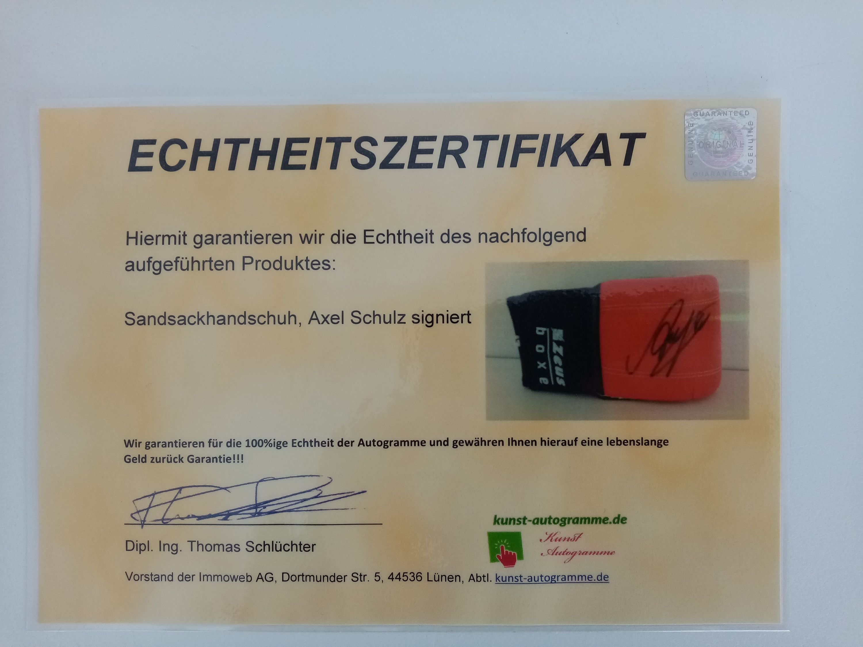 Sandbag glove Axel Schulz signed autograph signature boxing new coa