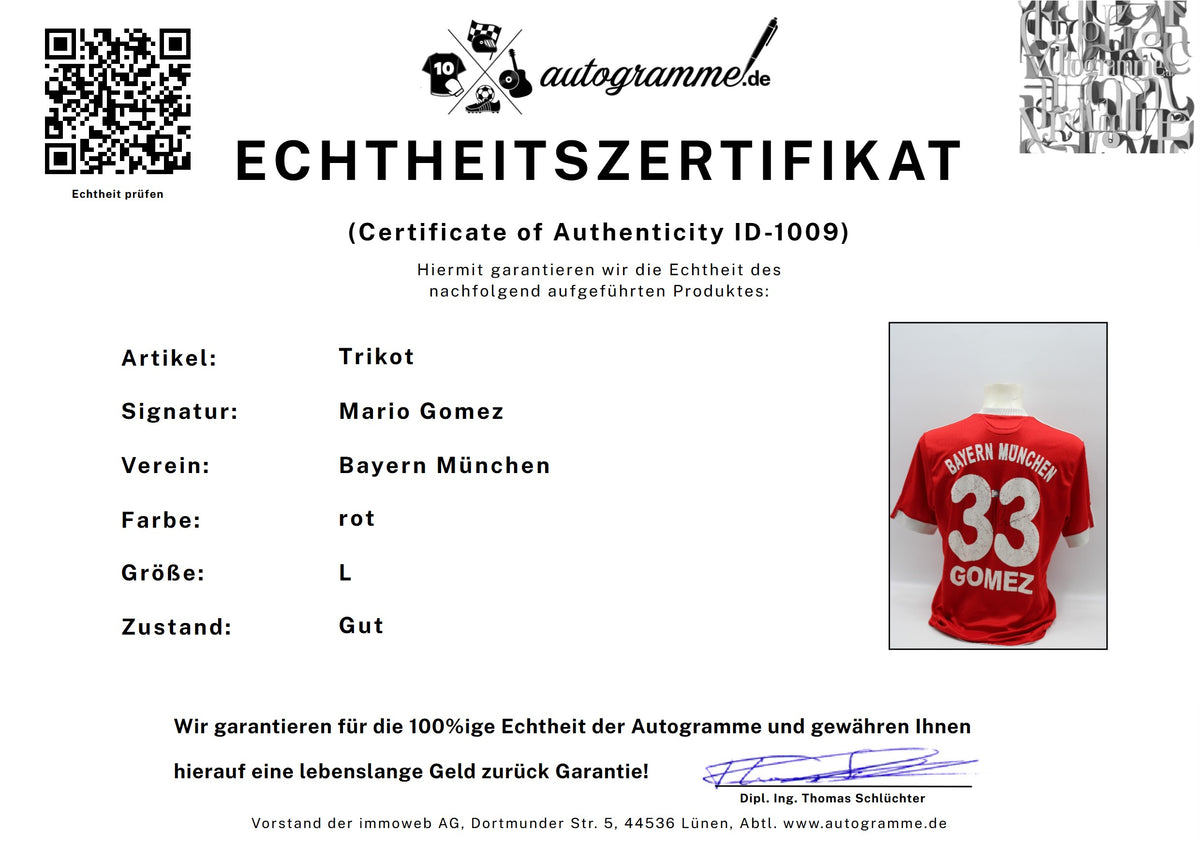 Bayern München Trikot Mario Gomez signiert Autogramm zertifiziert L