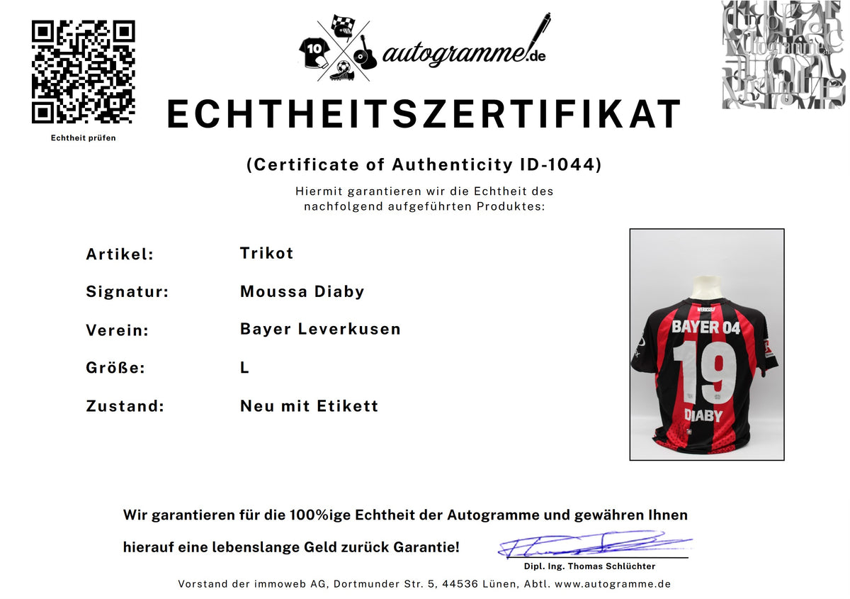 Bayer Leverkusen 2026/2027 Trikot Moussa Diaby signiert Autogramm zertifiziert L