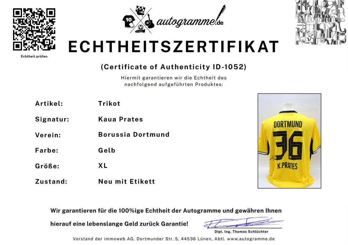 Borussia Dortmund Trikot Kaua Prates signiert Autogramm zertifiziert XL