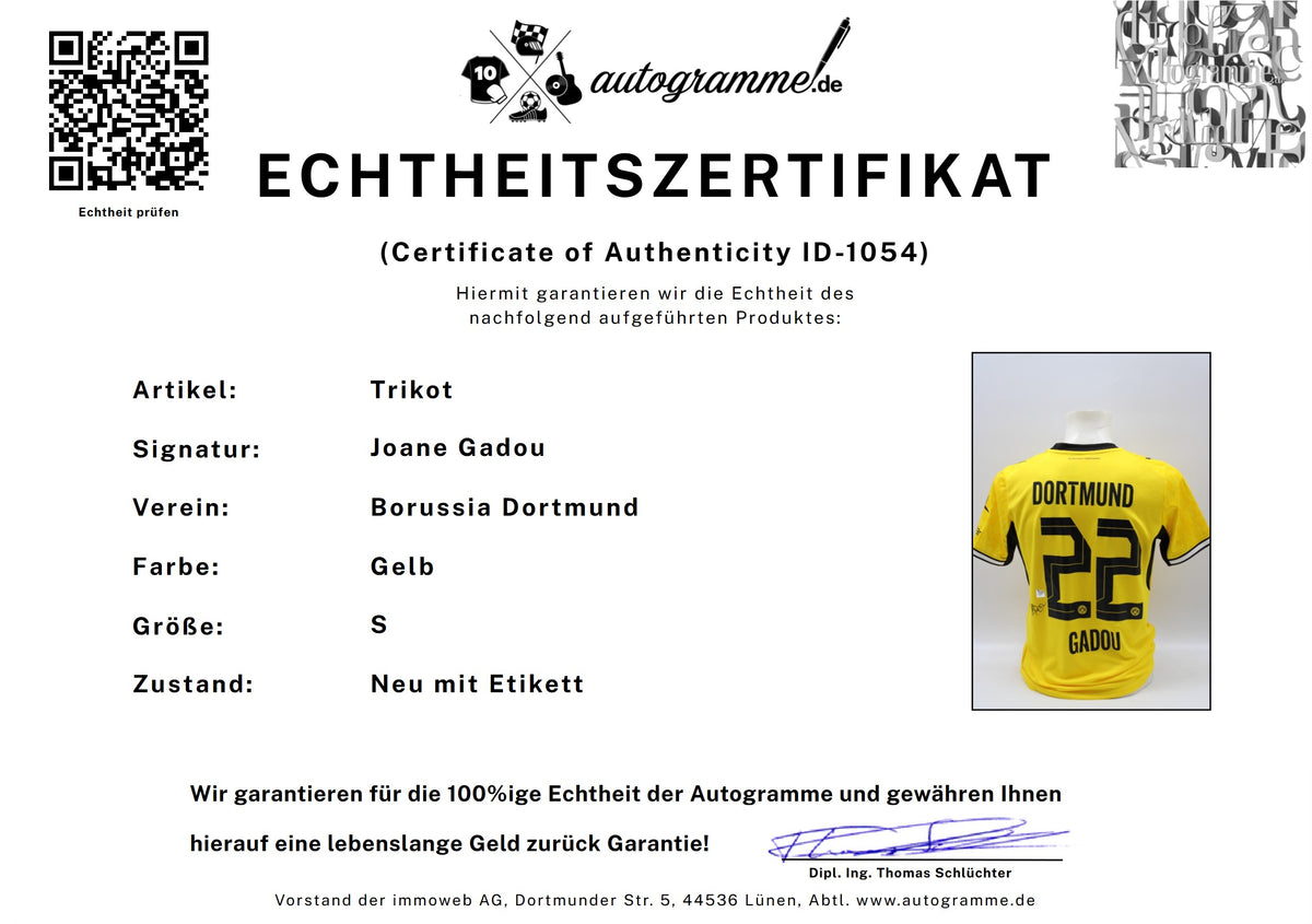 Borussia Dortmund 2026/2027 Trikot Joane Gadou signiert Autogramm zertifiziert S