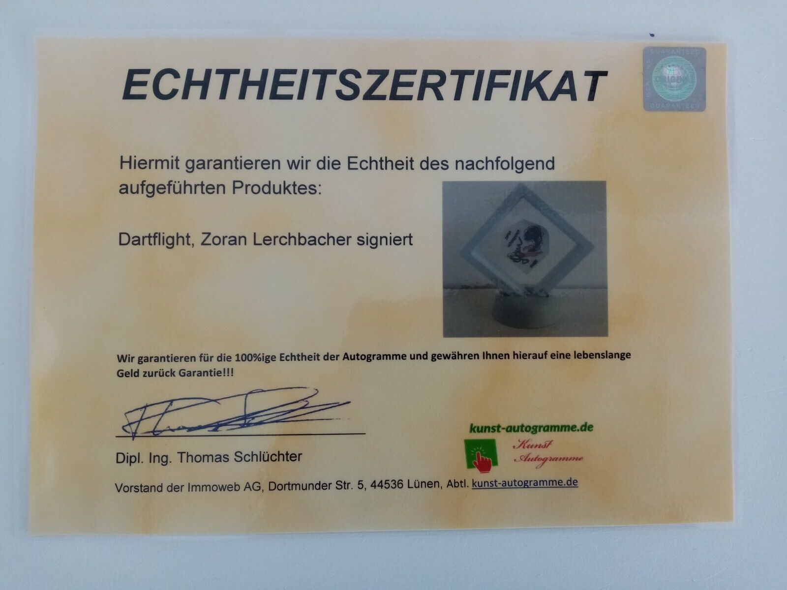 Dartflight Zoran Lerchbacher signed Darts Coa Neu Flight
