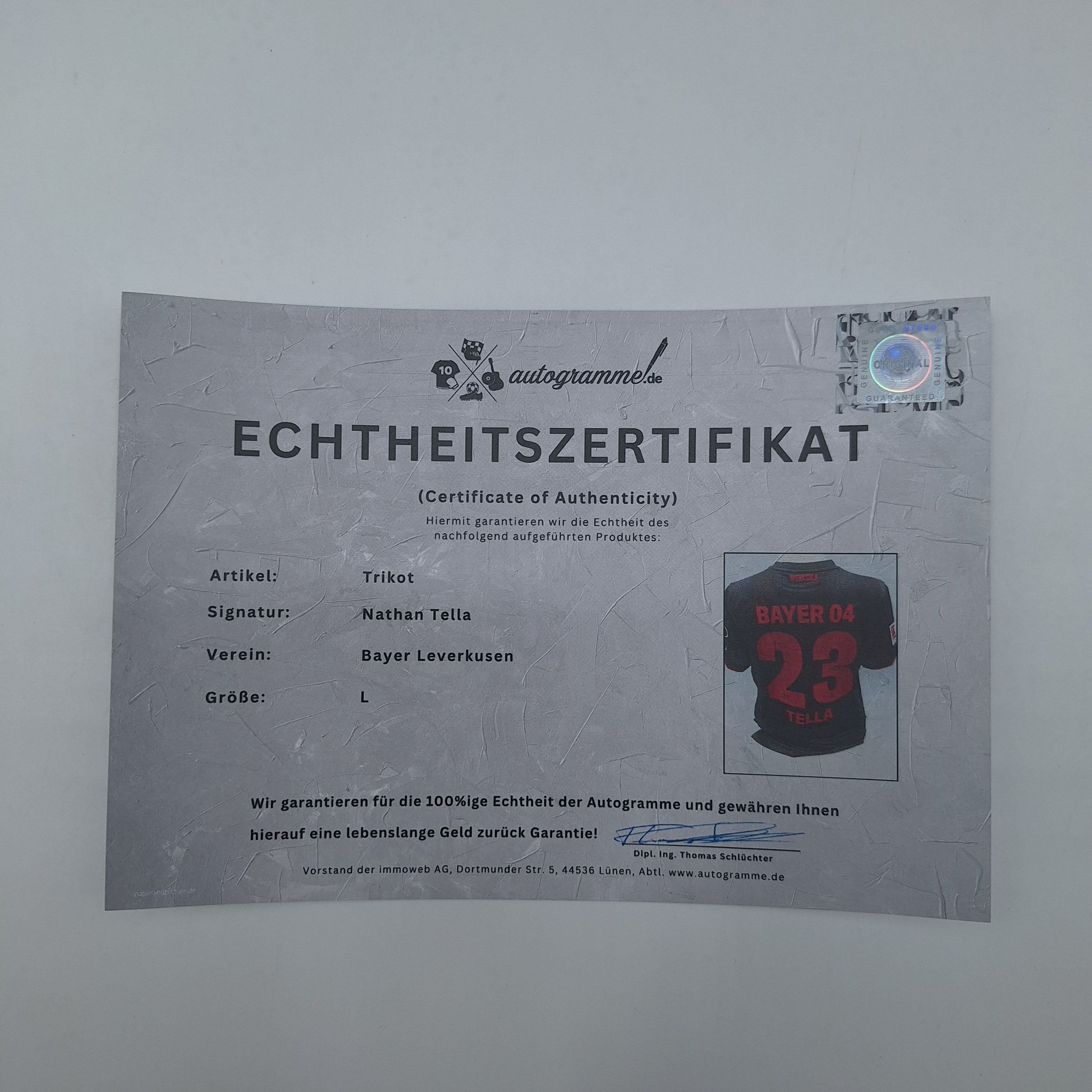 Bayer Leverkusen Trikot Nathan Tella  signiert New Balance COA Autogramm L