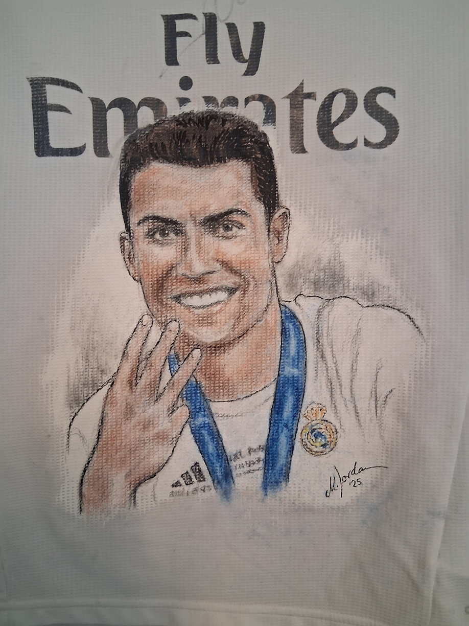 Real Madrid Trikot Portrait Ronaldo handgemalt und signiert im Rahmen L