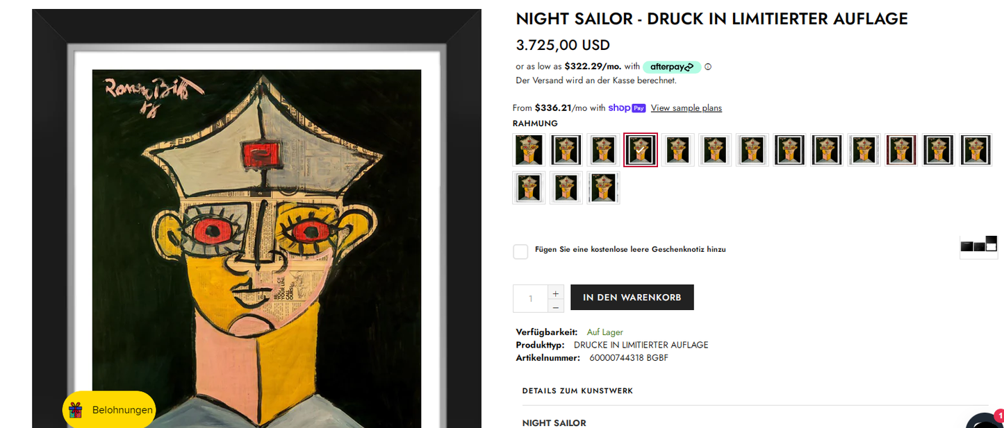 NIGHT SAILOR - GERAHMTER ROMERO BRITTO DRUCK IN LIMITIERTER AUFLAGE