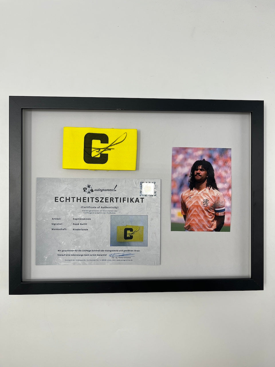 Captain's armband signed by Ruud Gullit in a frame Netherlands COA