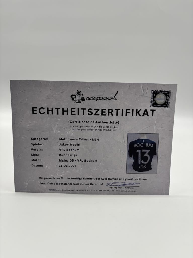 Matchworn VfL Bochum Worn & Signed by Jakov Medic Mainz-Bochum