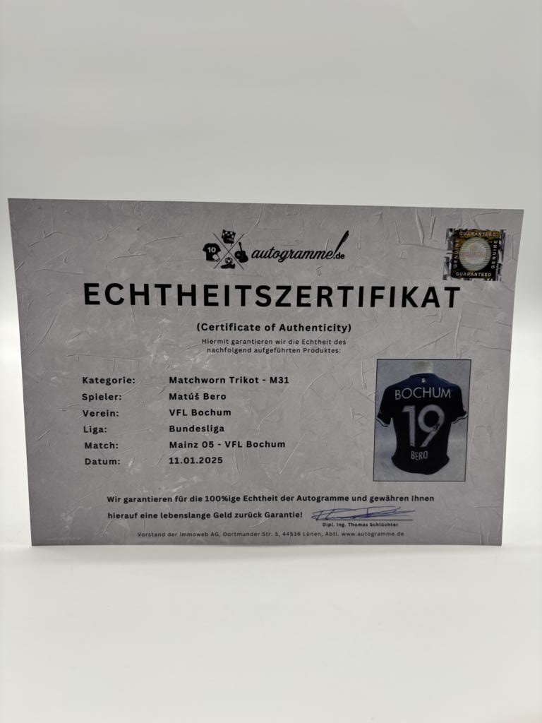 Matchworn VfL Bochum Trikot getragen & signiert von Matus Bero Mainz-Bochum