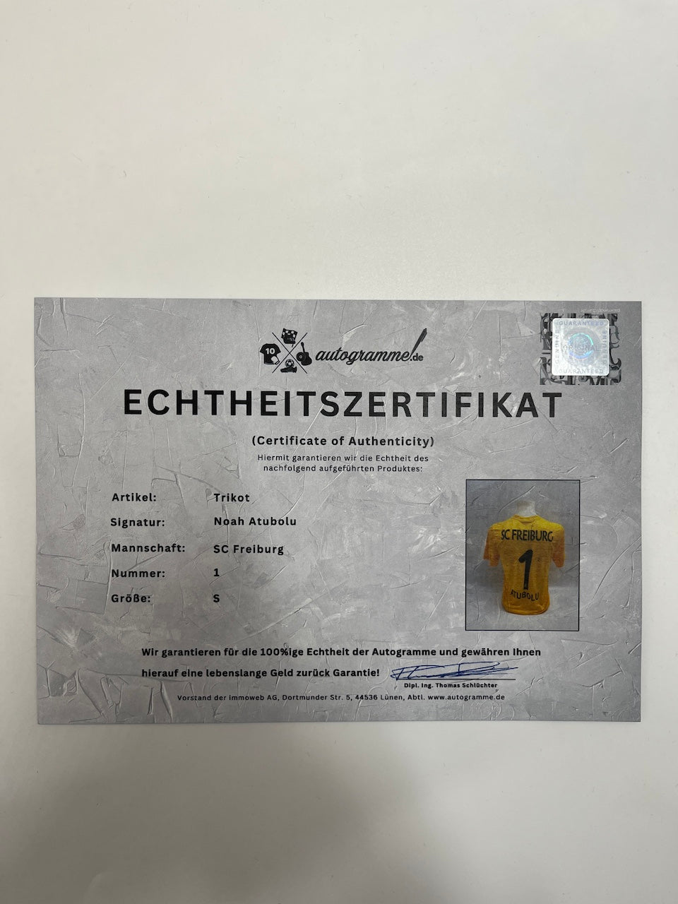 SC Freiburg goalkeeper jersey signed by Noah Atubolu, autographed by Nike S