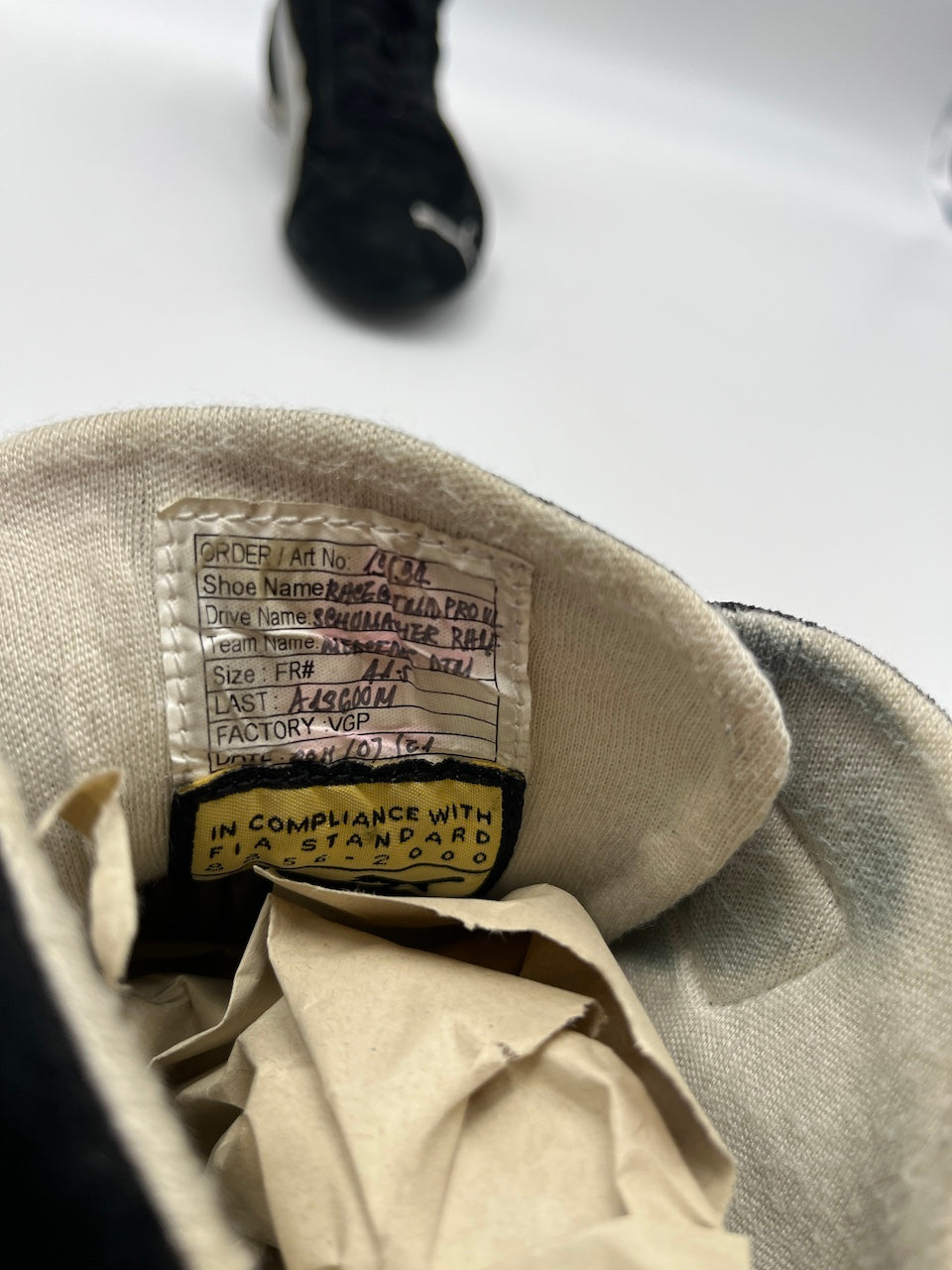 Zapatillas de conducción originales usadas de Ralf Schumacher de Fórmula 1, firmadas con autógrafo