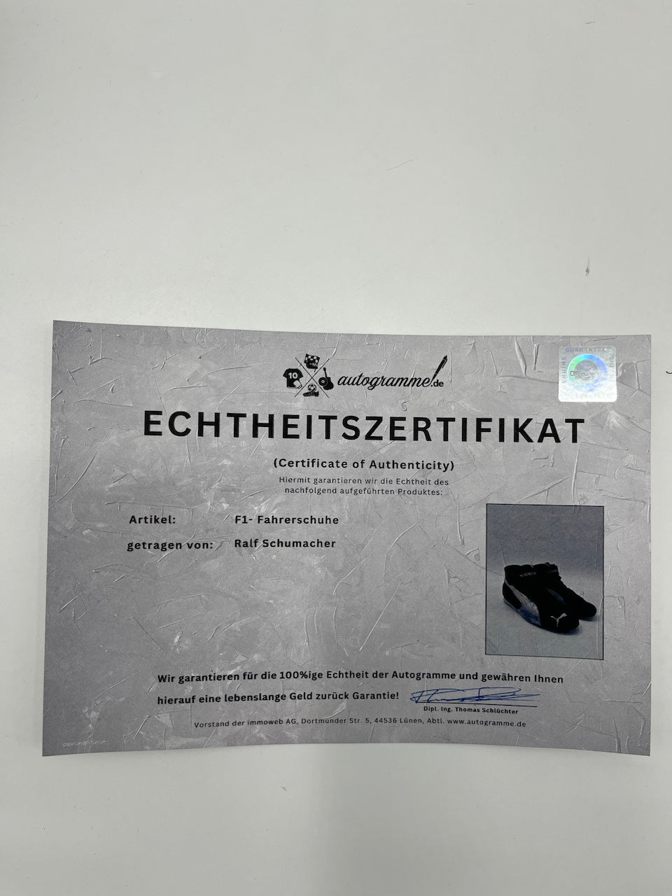 Zapatillas de conducción originales usadas de Ralf Schumacher de Fórmula 1, firmadas con autógrafo